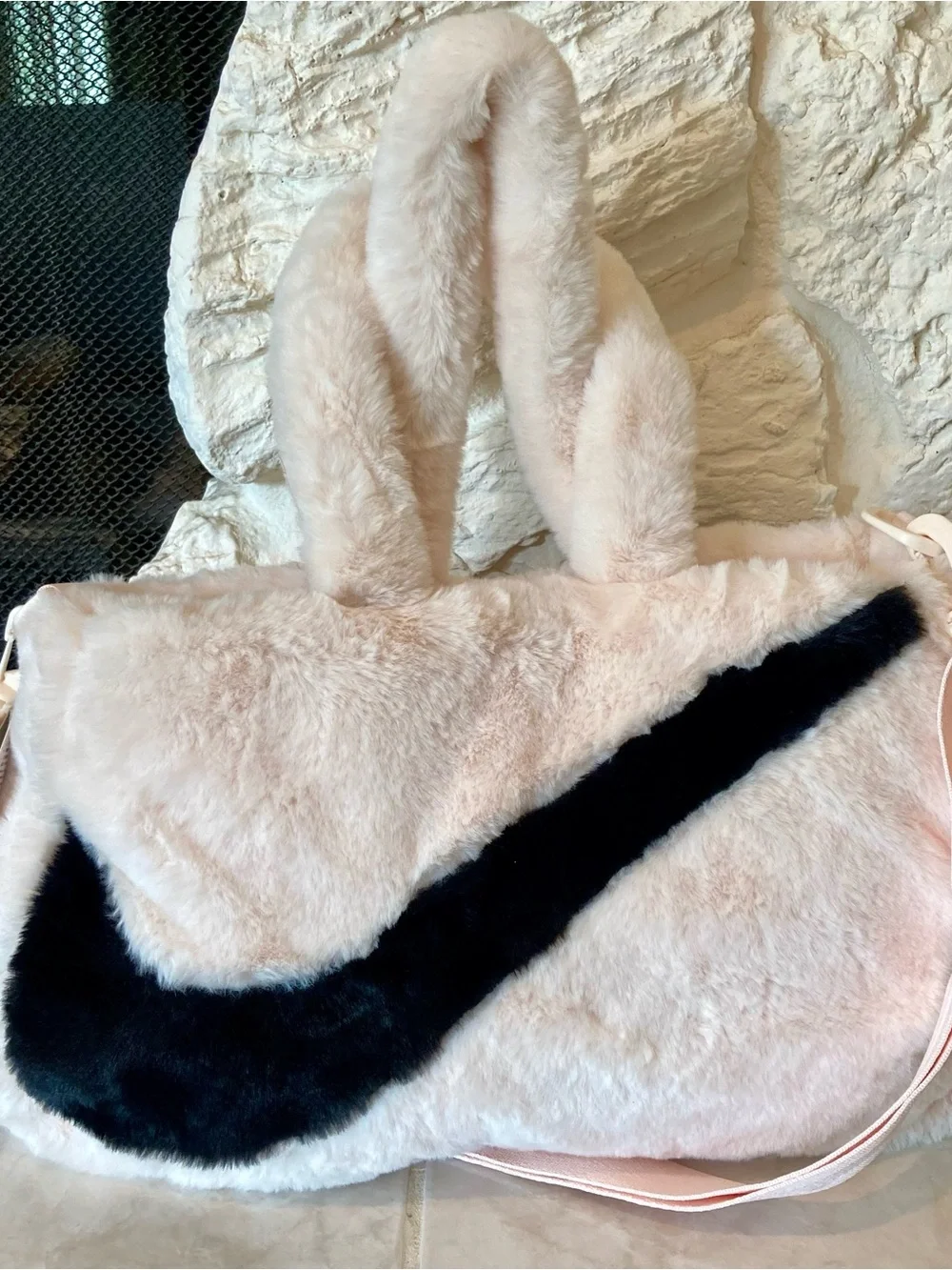 NWT Nike Sportswear Faux Fur Tote (10L capacity) in the 'Guava Ice/Black